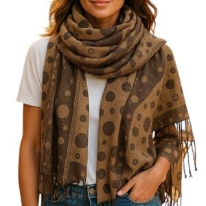 PASHMINA Two Tone Brown Circle Dot Pattern Wool Silk Scarf Fringed Rectangular